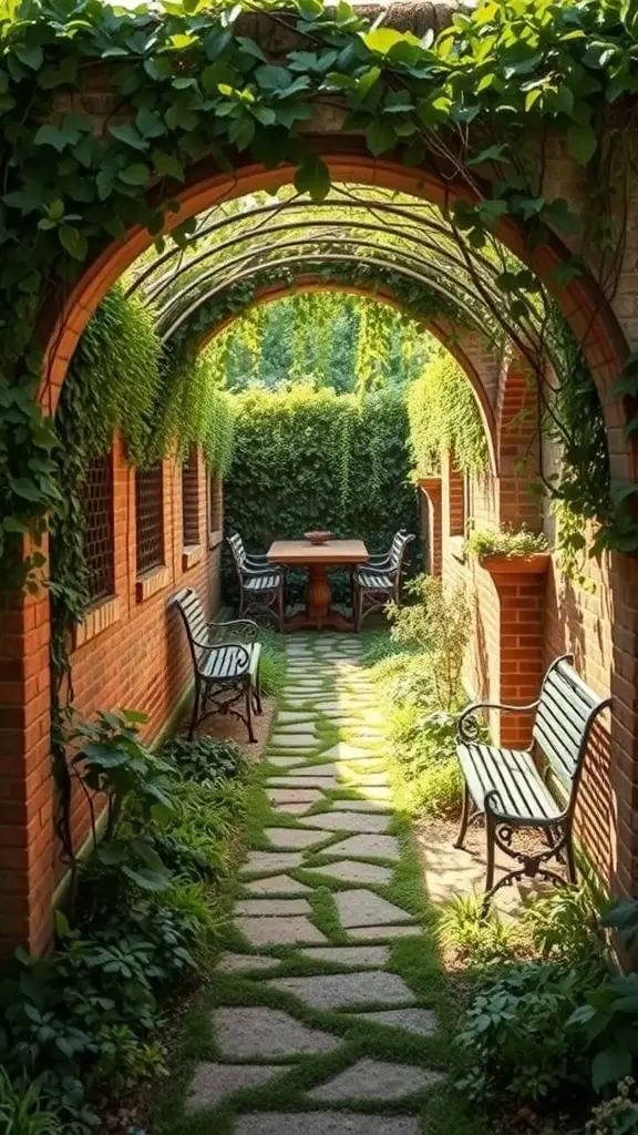 A serene garden pathway with stone pavers, surrounded by lush greenery and benches.