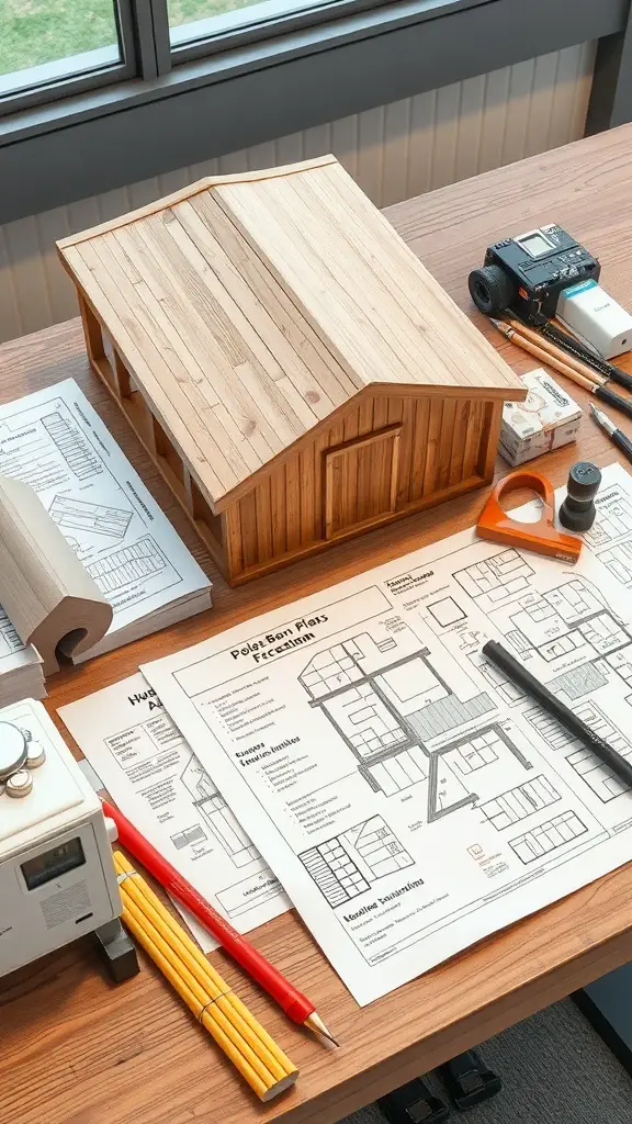 35+ Unique Pole Barn House Plans You'll Love 7 A wooden model of a pole barn on a table with blueprints and drafting tools.