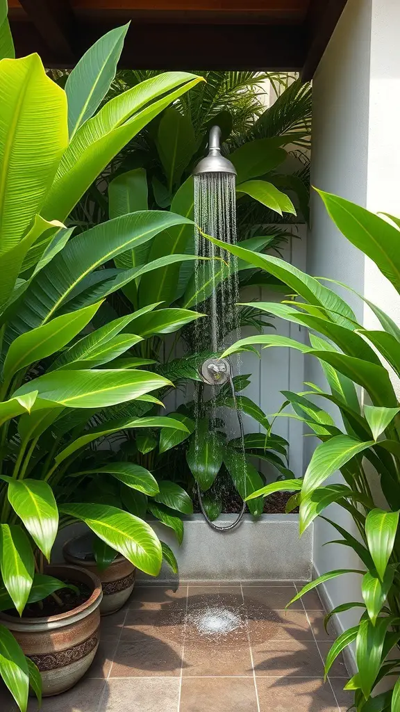 Outdoor shower surrounded by lush tropical foliage
