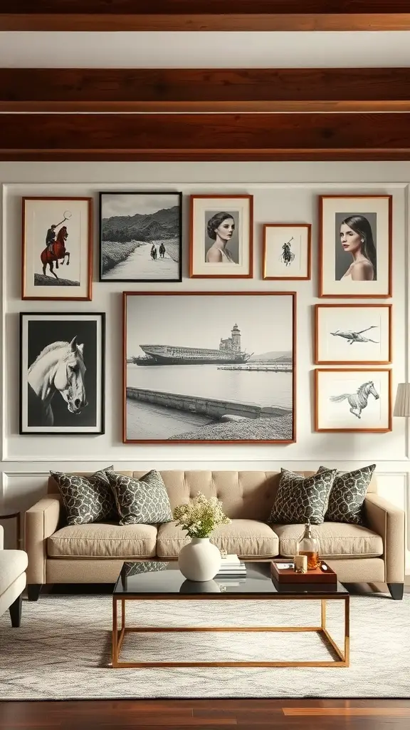A stylish living room featuring a gallery wall of art, a beige sofa with patterned pillows, and a glass coffee table.