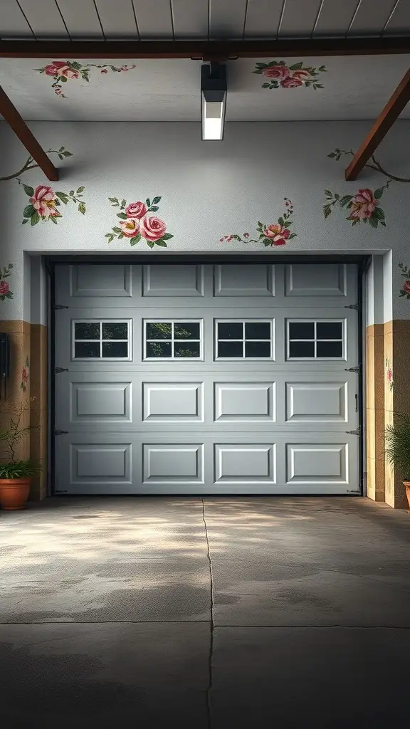 Garage with floral accents painted on the walls and ceiling.