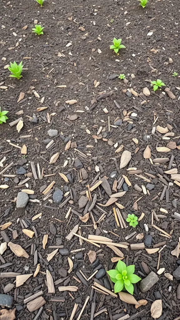 A garden bed with young plants surrounded by a layer of mulch, showing a mix of wood chips and small stones.