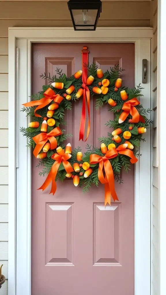 27+ Spooktacular Halloween Wreath Ideas to Enhance Your Decor 5 A colorful Halloween wreath featuring candy corn and orange ribbons on a pink door.