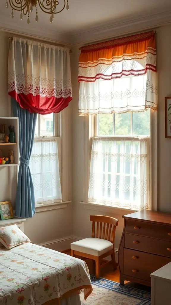 37+ Vintage Kids Room Ideas to Inspire Your Decor 11 Charming window treatments in a vintage kids room with colorful curtains and lace details.