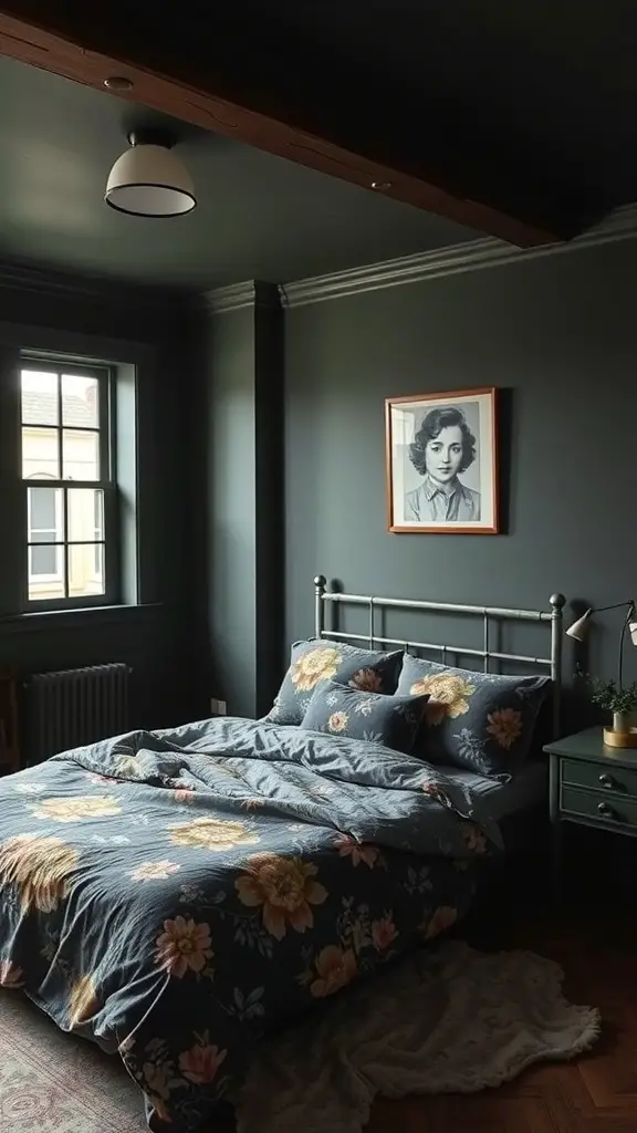 37+ Dark Cottagecore Bedroom Ideas: 15 Must-Have Items for a Cozy Retreat 8 A dark cottagecore bedroom featuring muted walls, floral bedding, and a vintage portrait.