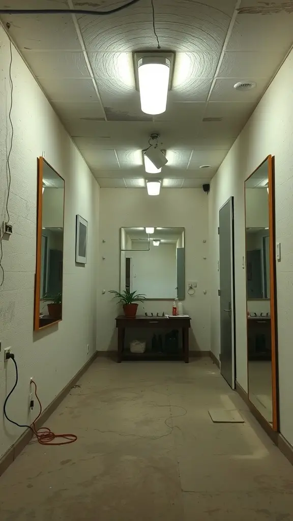 A hallway with mirrors on the walls, bright lighting, and a small table.