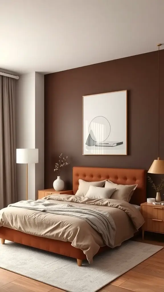 A cozy bedroom featuring a rich brown accent wall, modern furniture, and soft bedding.