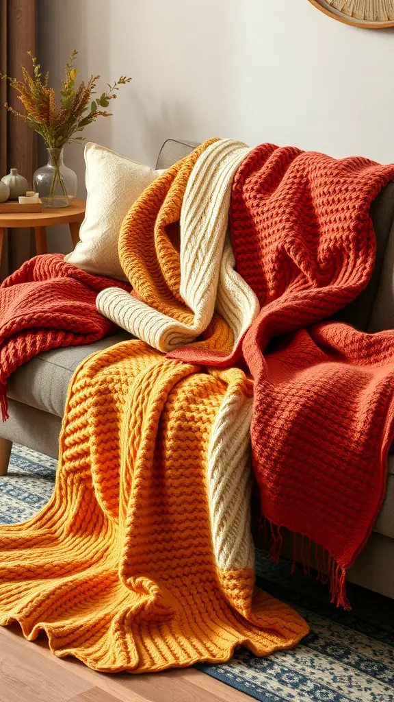 A cozy arrangement of knit throw blankets in warm autumn colors on a sofa.
