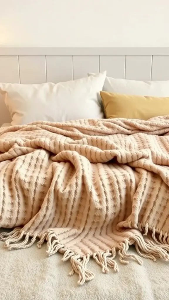A soft wool blanket draped over a bed with white and yellow pillows.
