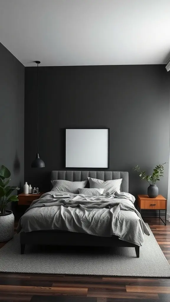 A dark modern bedroom with minimalist decor featuring a gray bed, dark walls, and simple furnishings.