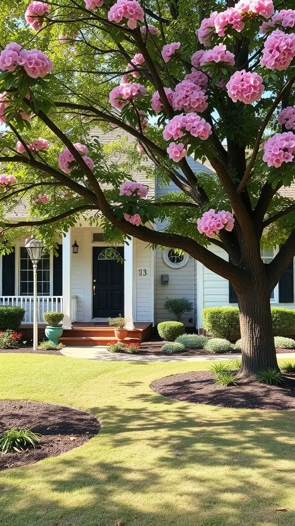 19+ Stunning Crepe Myrtle Landscaping Ideas to Transform Your Garden 3 A beautiful crepe myrtle tree with pink flowers in front of a house, enhancing the curb appeal.