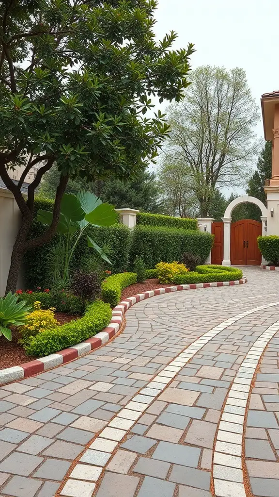 A beautifully landscaped circle driveway featuring a winding path with colored stones and vibrant plants.
