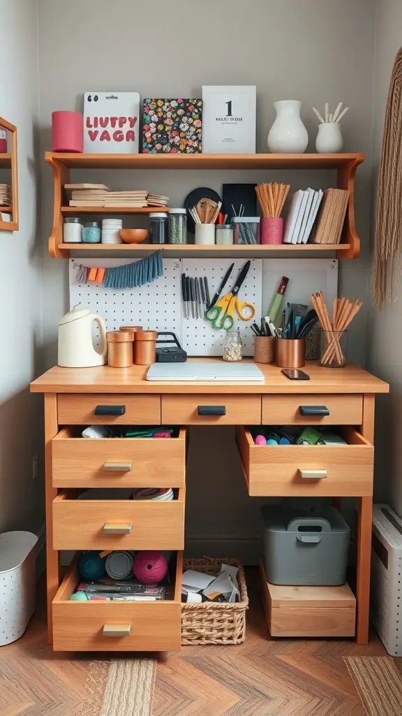 25+ Craft Tables with Storage for Organized Creativity 9 A compact craft desk with multiple drawers and shelves, organized with various craft supplies.