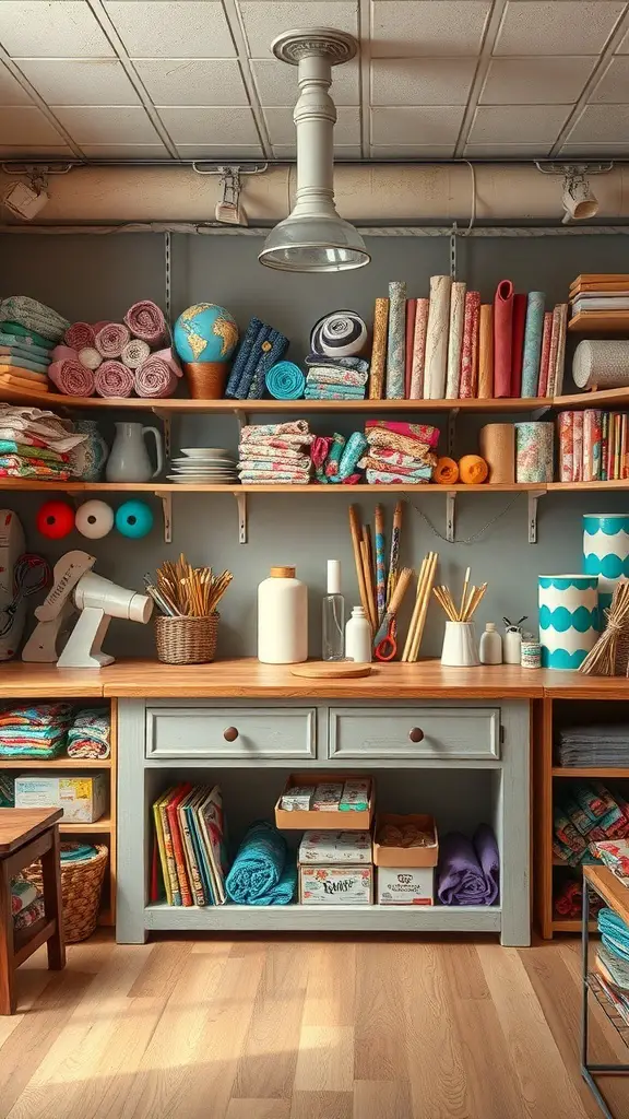 25+ Craft Tables with Storage for Organized Creativity 14 A crafting island with open shelving displaying colorful fabrics, a sewing machine, and organized storage.