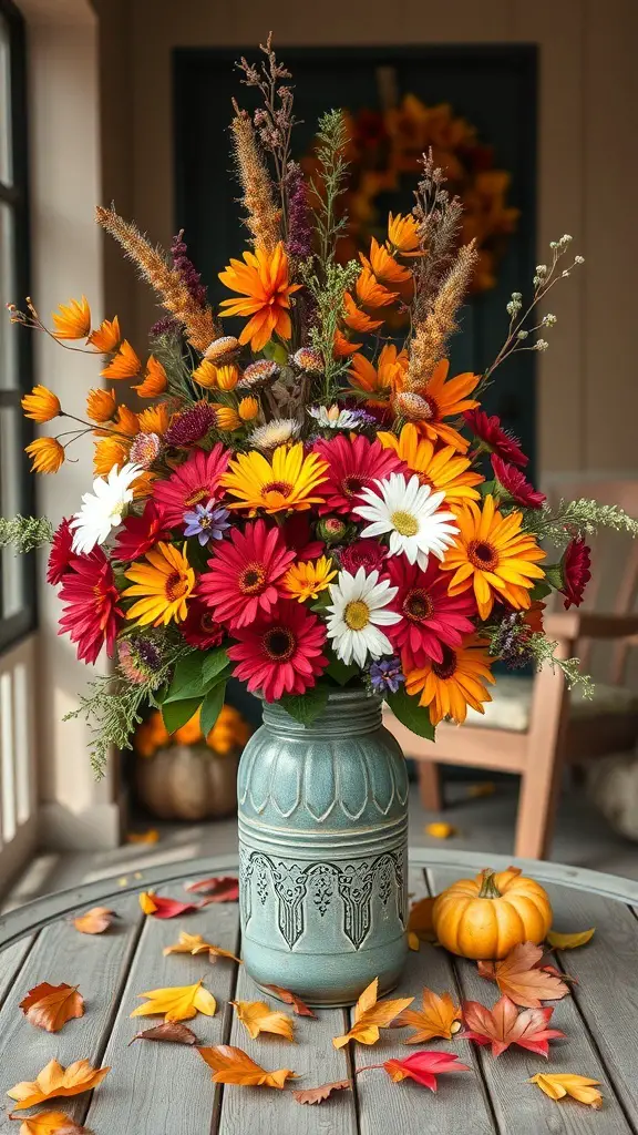 A colorful fall floral arrangement in a rustic vase on a porch table, surrounded by autumn leaves and a small pumpkin.