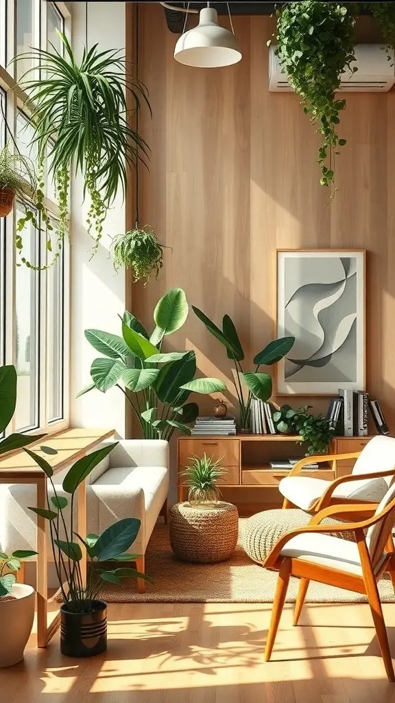 31+ Inspiring Mid Century Decor Ideas for a Stylish Home 6 A cozy indoor space featuring various indoor plants, mid-century furniture, and natural light.
