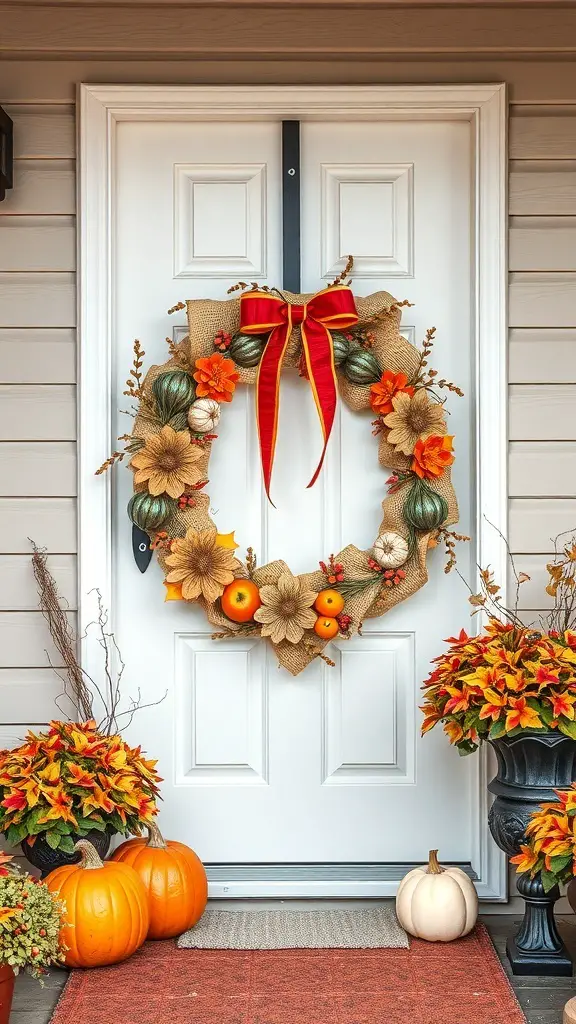 25+ Creative DIY Fall Wreath Ideas to Brighten Your Home 11 A fall wreath made of burlap and ribbon, adorned with pumpkins and flowers, hanging on a door.