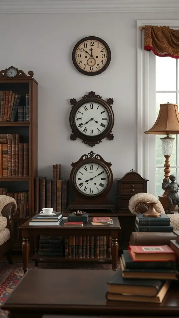 Cozy French country living room with antique clocks, bookshelves, and warm decor