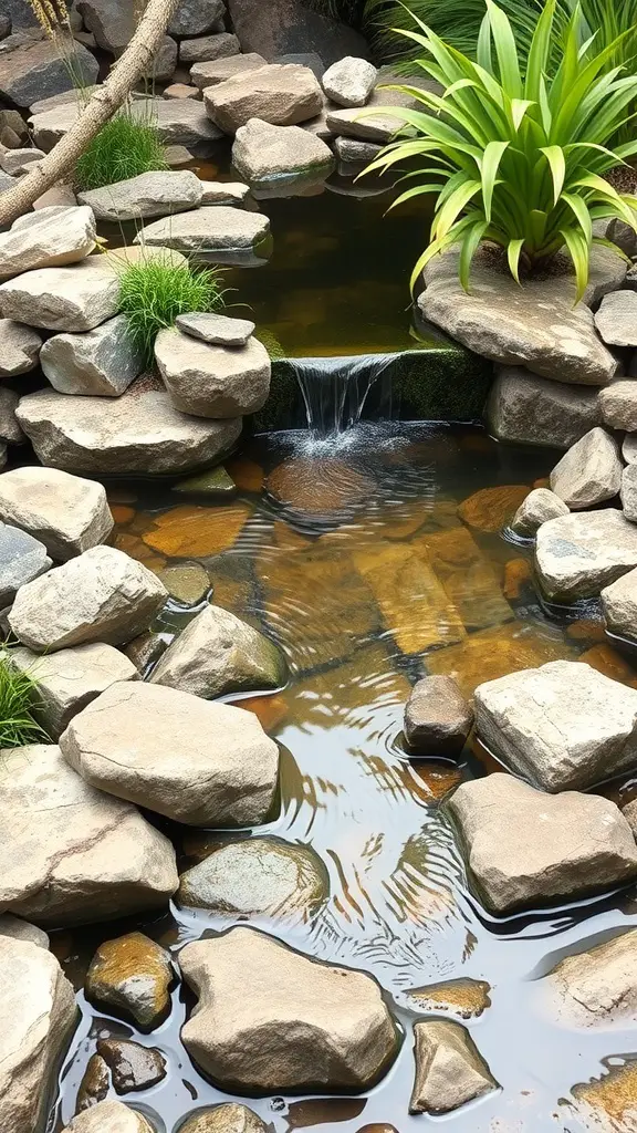 A serene water feature with stones and plants, creating a peaceful atmosphere.