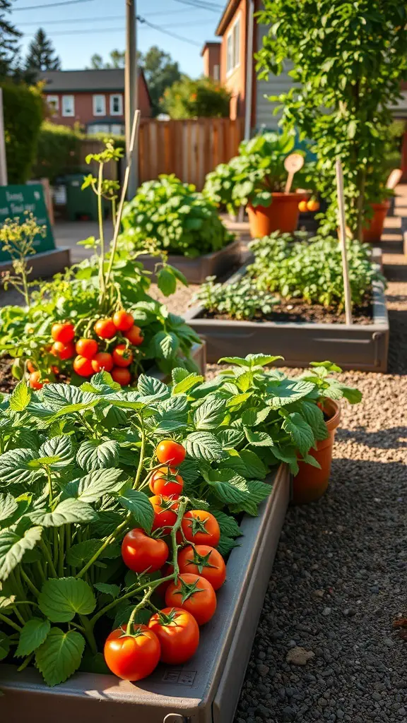 29+ Creative Street Garden Ideas for a Stunning Urban Oasis 14 Raised garden beds with ripe tomatoes and various green plants in an urban setting.