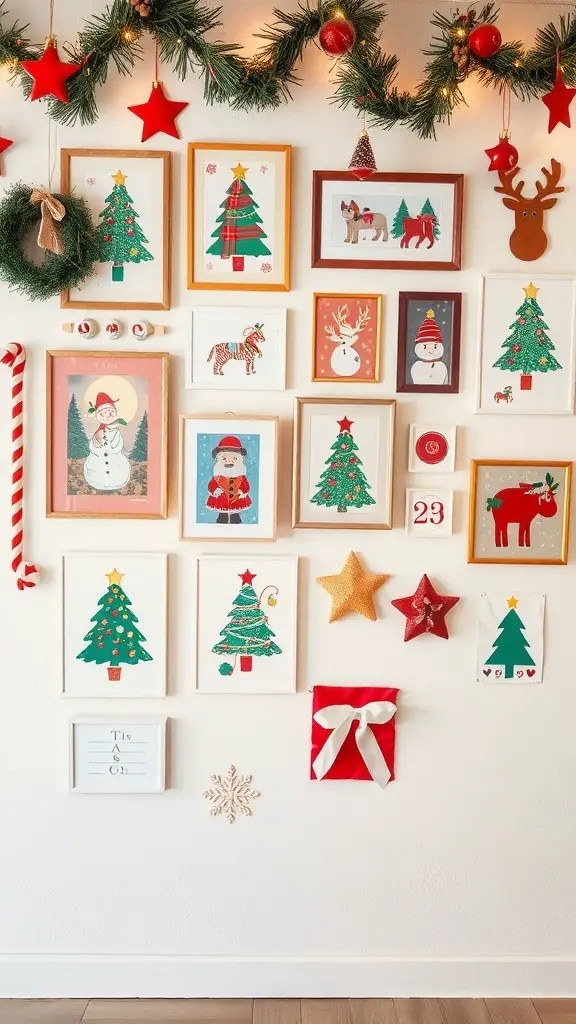 37+ Festive Christmas Room Decor Ideas to Transform Your Space 10 A festive wall decorated with holiday-themed framed art, including Christmas trees, snowmen, and reindeer, surrounded by garlands and stars.