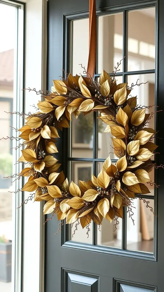 29+ Elegant Fall Wreaths to Enhance Your Home Decor 21 A glamorous metallic leaf wreath with gold and blue leaves hanging on a door.
