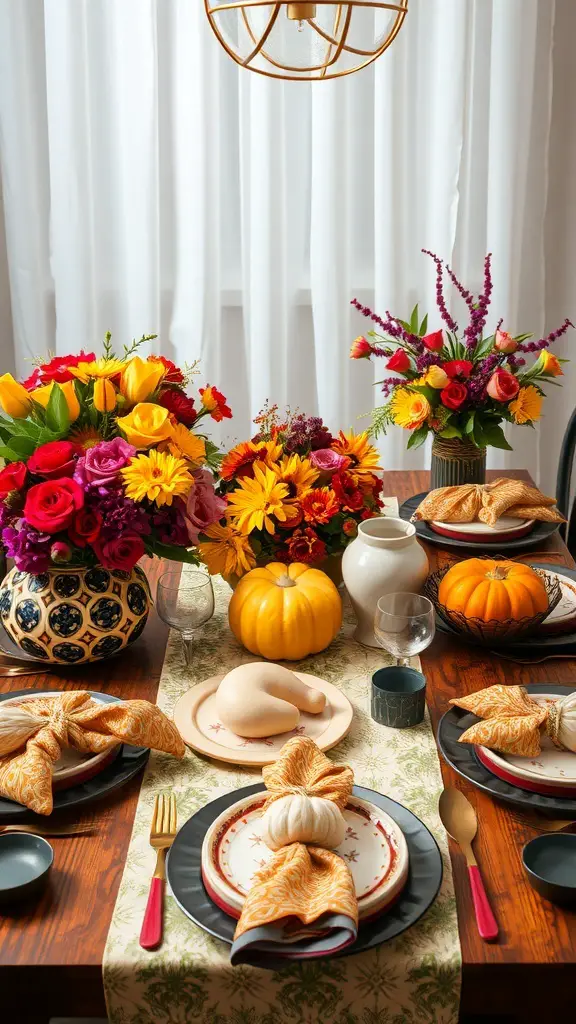 A colorful Thanksgiving tablescape with mixed patterns, featuring flowers, pumpkins, and decorative plates.