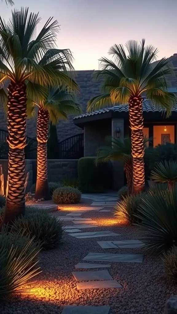 A beautifully lit pathway with palm trees and warm lights, creating an inviting evening atmosphere.