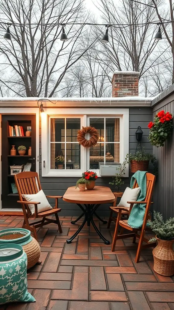 Cozy backyard office with wooden chairs, a table, and seasonal decorations.