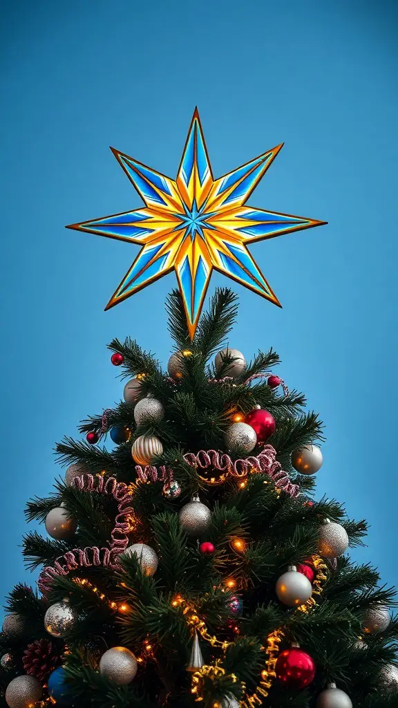 A starry blue and gold tree topper on a Christmas tree