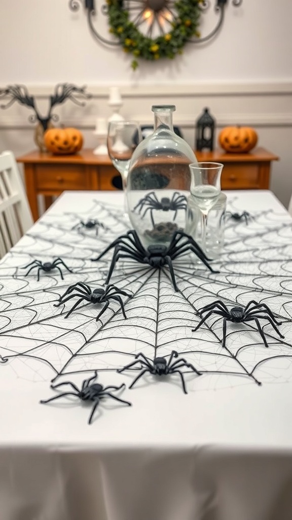 29+ Creative Halloween DIY Decorations to Scare Up Your Home 7 A table decorated with a spider web table runner and plastic spiders, featuring glassware and pumpkins in the background.