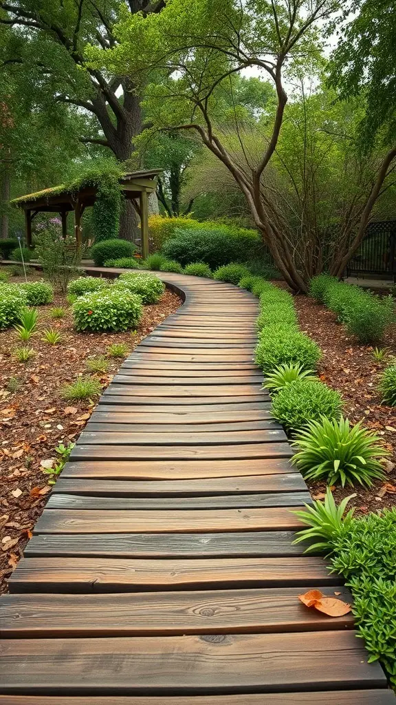 23+ Creative Garden Path Ideas for a Stunning Outdoor Journey 6 A rustic wooden plank walkway winding through a lush garden with greenery and flowers.