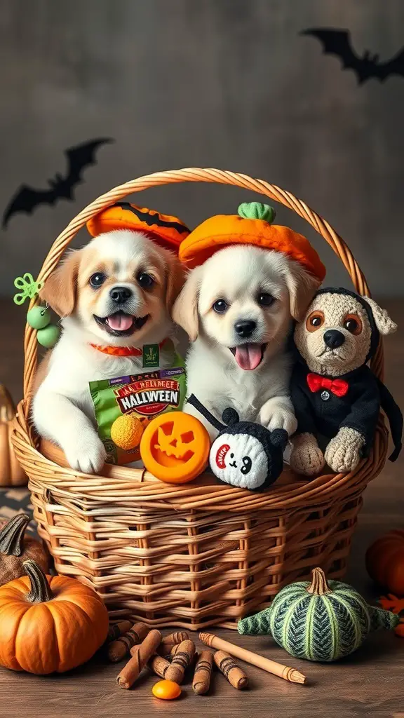 27+ Creative Boo Basket Ideas for a Spooktacular Surprise 20 A festive pet basket filled with Halloween-themed toys and treats, featuring two cute puppies wearing pumpkin hats.