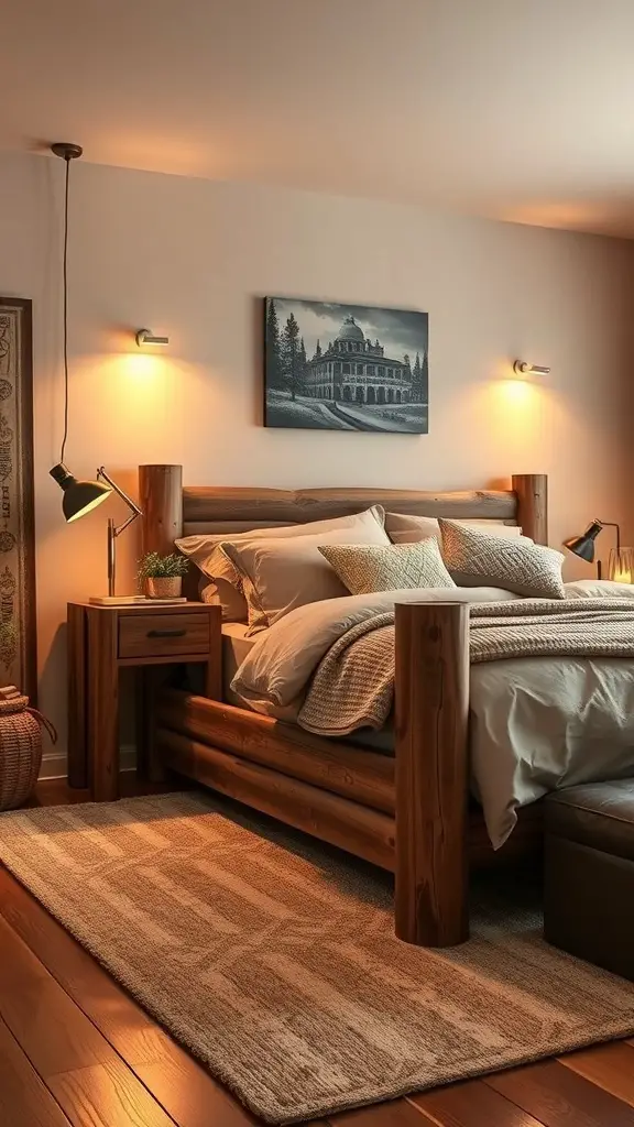 27+ Chic Brown Furniture Ideas for a Cozy Bedroom Makeover 3 A cozy bedroom featuring a brown wood bed with soft bedding and decorative pillows.