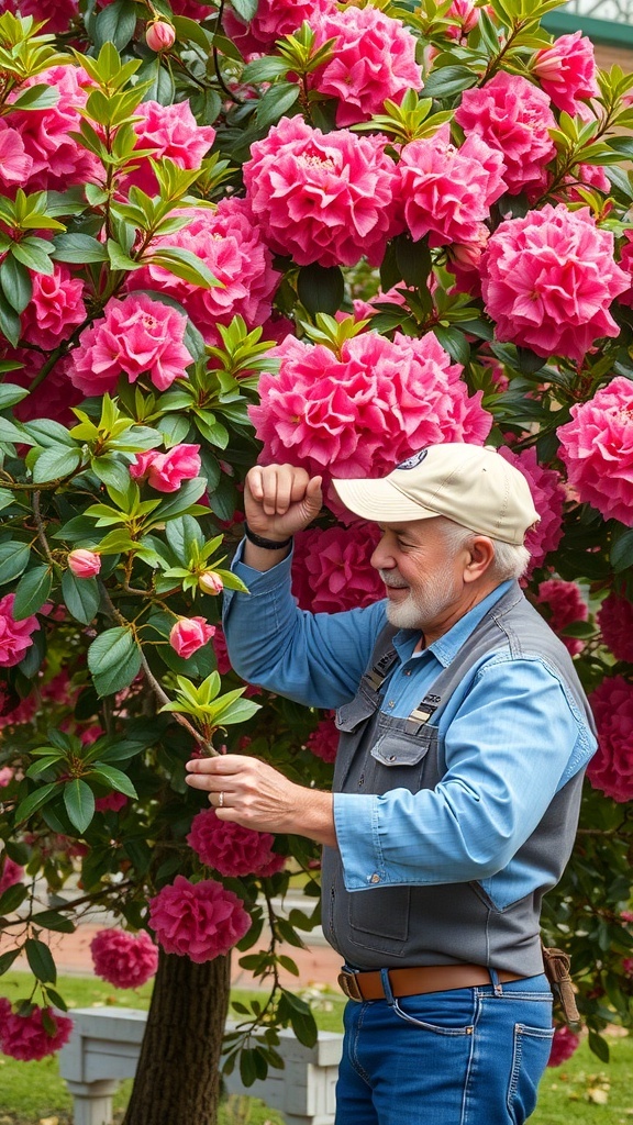 19+ Stunning Crepe Myrtle Landscaping Ideas to Transform Your Garden 10 A person pruning a flowering plant with pink blooms.