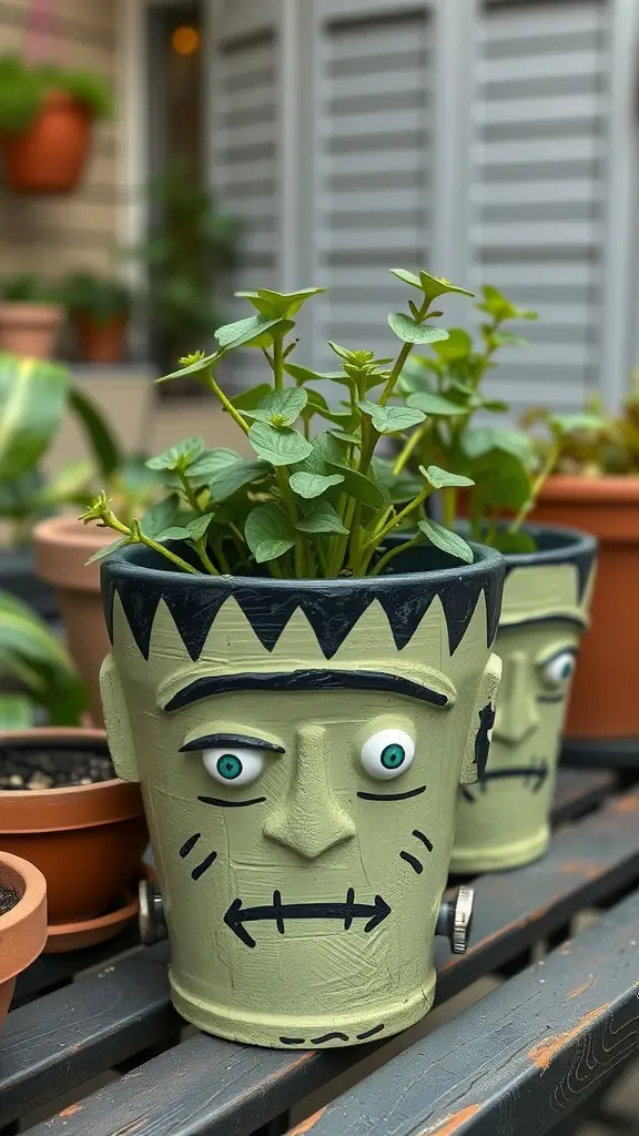 29+ Creative Halloween Craft Ideas to Spookify Your Home 16 Two Frankenstein-themed plant pots with green paint and facial features, holding green plants.