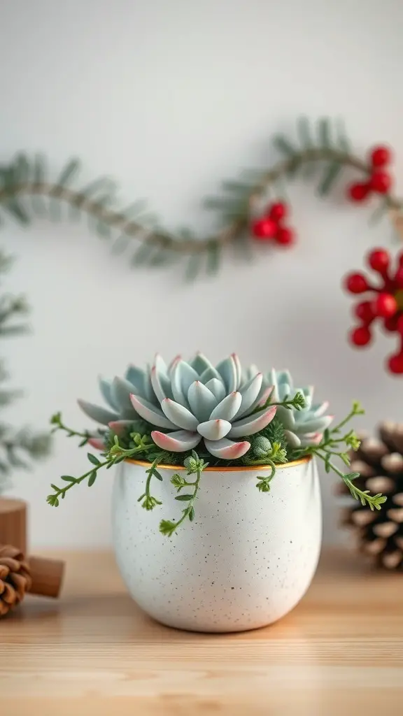 31+ Creative Christmas Centerpieces for Your Holiday Table 16 A simple succulent arrangement in a white pot with green accents, set against a festive backdrop.