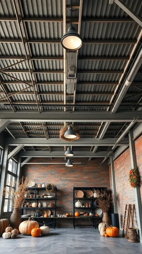 27+ Stunning Fall Ceiling Designs to Inspire Your Home Decor 20 A spacious room with a metal ceiling, showcasing industrial design elements and seasonal decor.