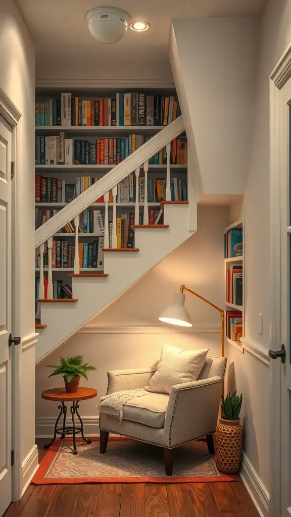 25+ Creative Under Stairs Storage Ideas for Every Home 19 Cozy under stairs library with bookshelves, a reading chair, and plants.