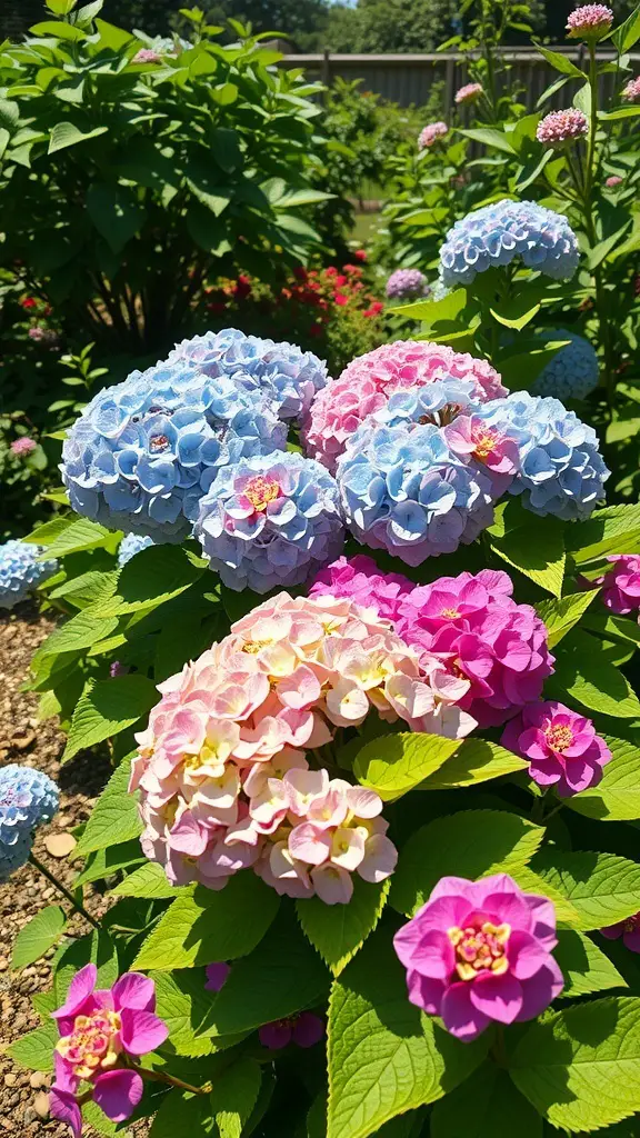 21+ Stunning Lavender and Hydrangea Landscaping Ideas to Transform Your Garden 10 A vibrant display of pink and blue hydrangeas in a garden setting.