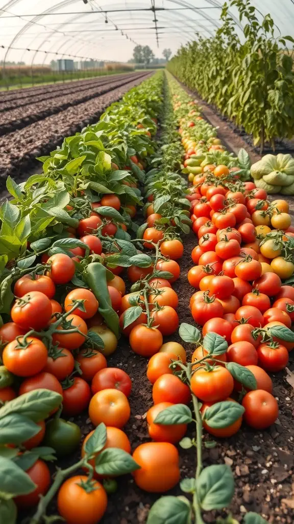 A vibrant vegetable patch with rows of ripe tomatoes and green plants
