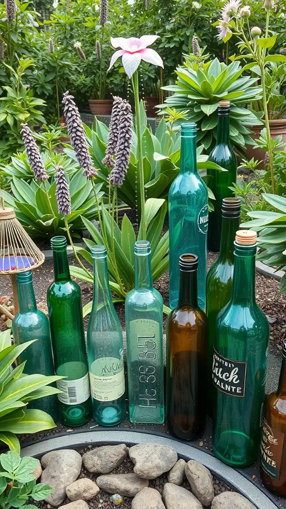 21+ Budget-Friendly Garden Ideas to Transform Your Outdoor Space 14 A collection of upcycled glass bottles in various colors and shapes, surrounded by green plants and flowers in a garden.