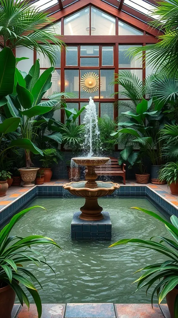Indoor fountain surrounded by lush plants in a bright space