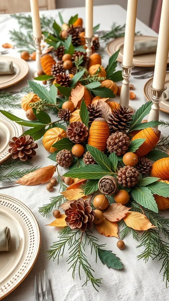 25+ Stunning Fall Dining Table Decor Ideas You Need to Try 10 A fall dining table decorated with pumpkins, pinecones, leaves, and candles.