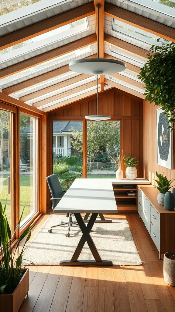 Bright garden office with wooden accents and large windows