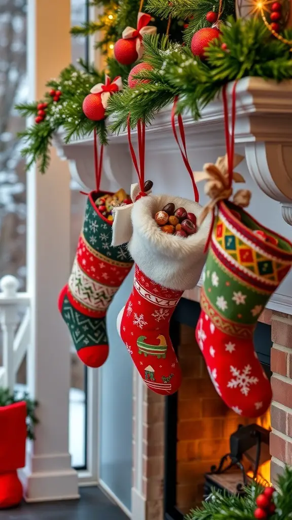 Colorful Christmas stockings hanging on a mantel decorated with greenery and ornaments.
