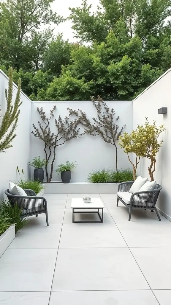 A modern minimalist walled garden with sleek furniture and greenery.