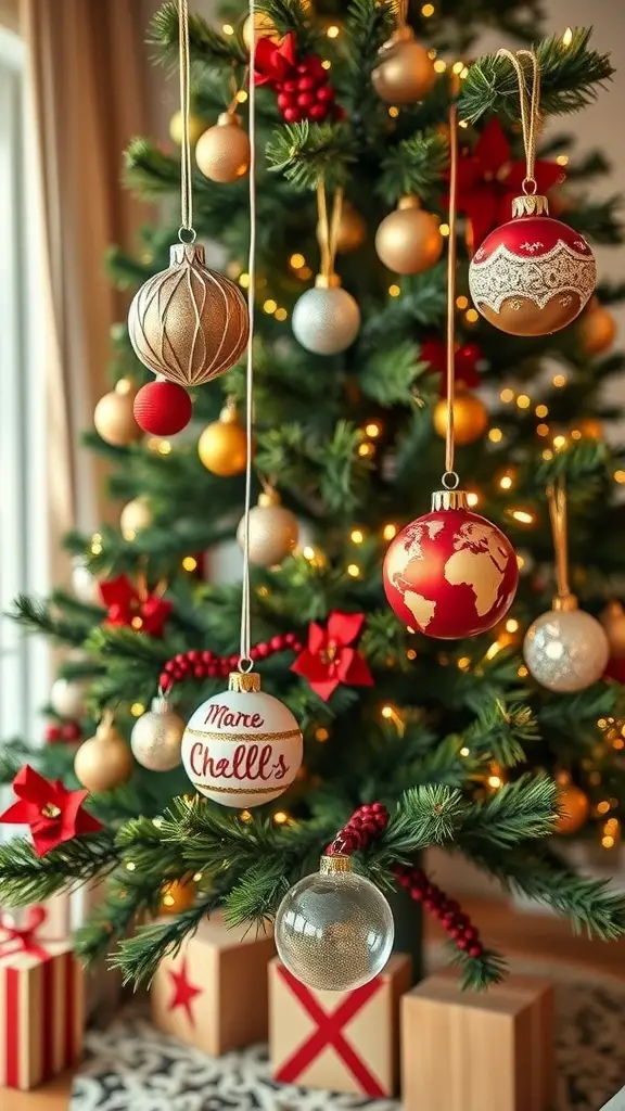 A beautifully decorated Christmas tree with personalized ornaments in red and gold colors.