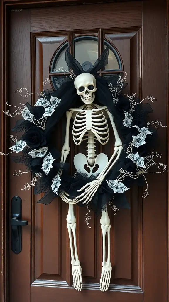 27+ Spooktacular Halloween Wreath Ideas to Enhance Your Decor 8 A spooky skeleton wreath featuring a skeleton figure surrounded by black tulle and decorative elements, hanging on a wooden door.