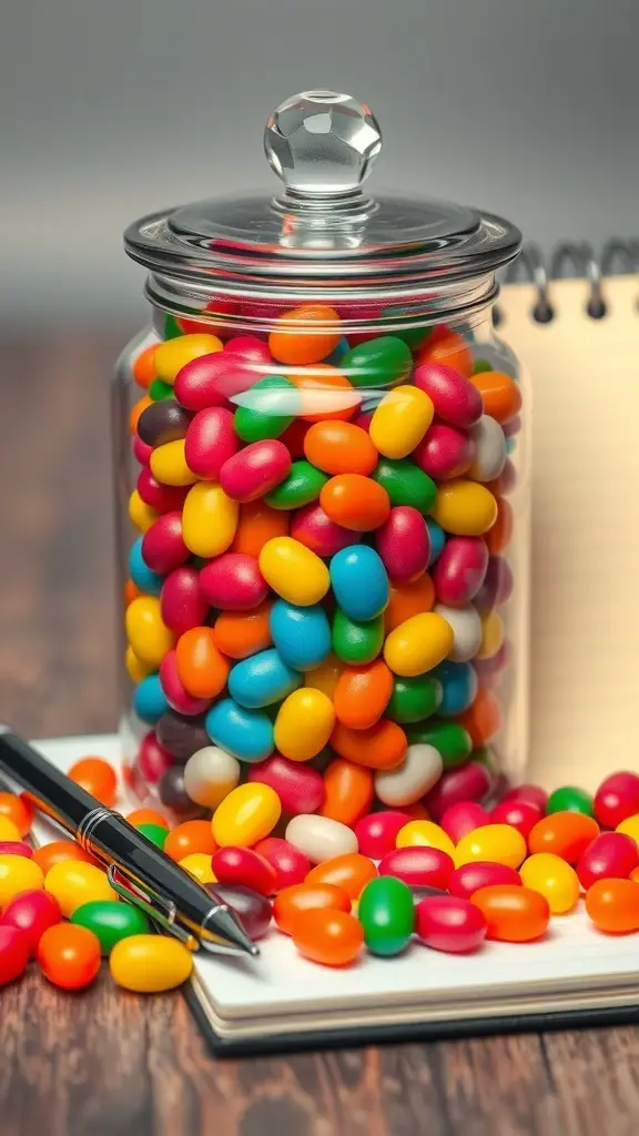 21+ Creative Office Candy Jar Ideas to Sweeten Your Workspace 11 A glass jar filled with colorful jelly beans on a wooden table next to a pen and notepad.